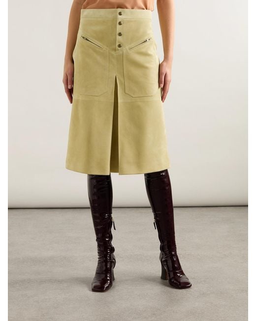 Chloé Yellow Pleated Paneled Suede Midi Skirt