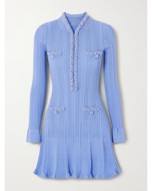 Self-Portrait Blue Faux Pearl-Embellished Ribbed-Knit Mini Dress