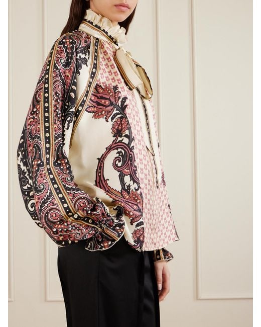 Etro Pink Pussy-Bow Ruffled Printed Silk-Twill Blouse