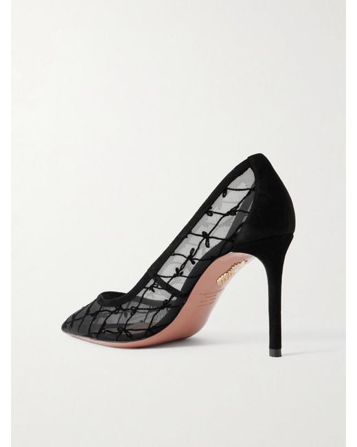 Aquazzura Black 85 Suede-Trimmed Flocked Mesh Pumps