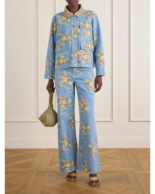 Veronica Beard Blue Taylor Floral-Print High-Rise Wide-Leg Jeans