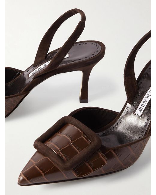 Manolo Blahnik Brown Mayslibi 70 Buckled Suede-Trimmed Croc-Effect Leather Slingback Pumps