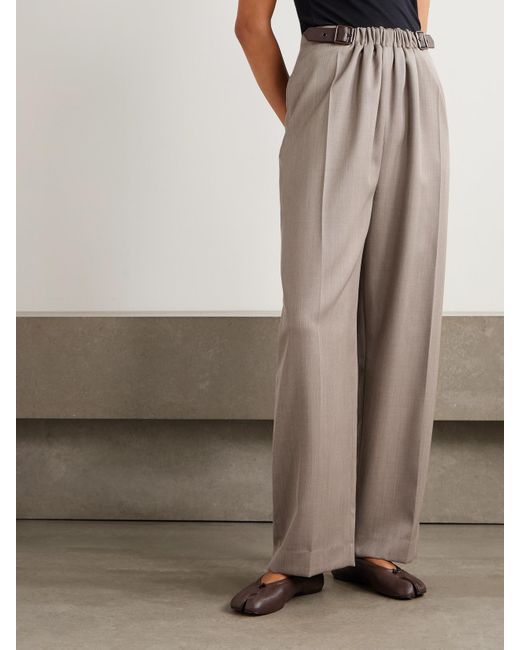 Loewe Natural Leather-Trimmed Pleated Wool-Twill Straight-Leg Pants