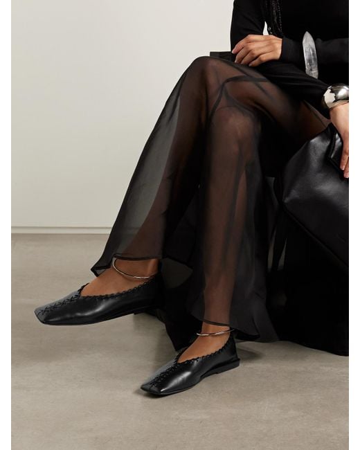 Jil Sander Black Ring Whipstitch-Trimmed Leather Ballet Flats