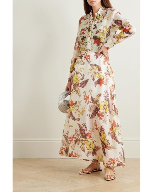Zimmermann White Matchmaker Crystal-Embellished Floral-Print Linen And Silk-Blend Shirt