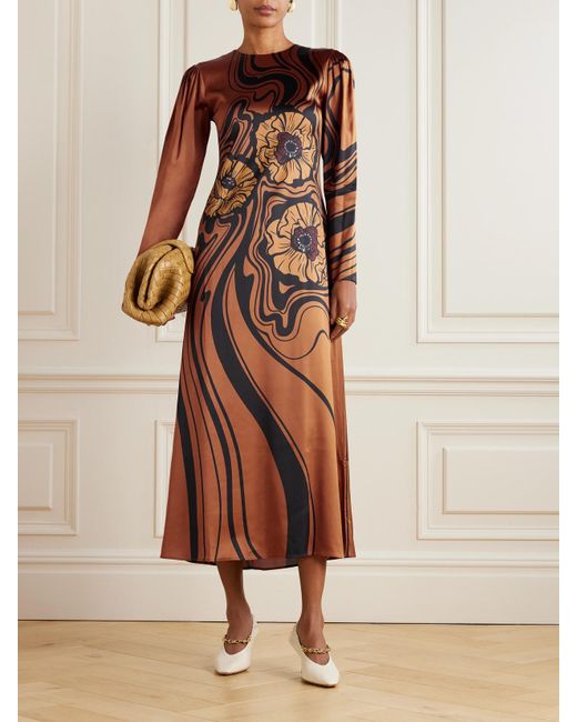 LaDoubleJ Brown Icon Clingy Swing Floral-Print Satin Midi Dress