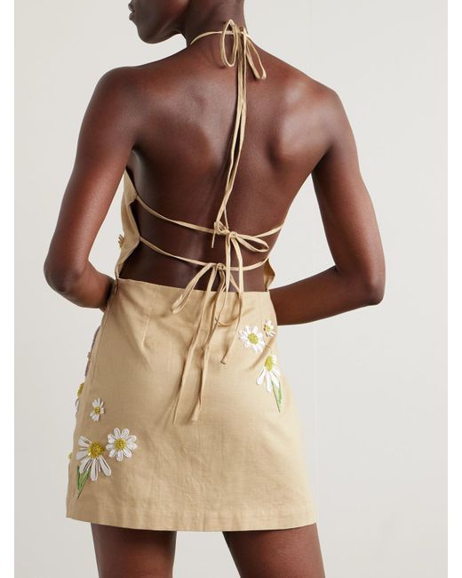 BERNADETTE Natural Delilah Embellished Cotton And Linen-Blend Mini Dress