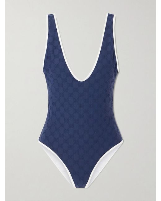 Gucci Blue Piped Terry-Jacquard Swimsuit