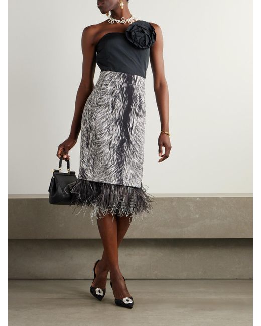 Dolce & Gabbana Gray Feather-Trimmed Printed Stretch-Silk Charmeuse Skirt