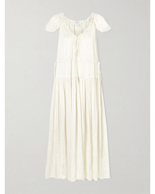 La Ligne White Pintucked Ruffled Satin Midi Dress