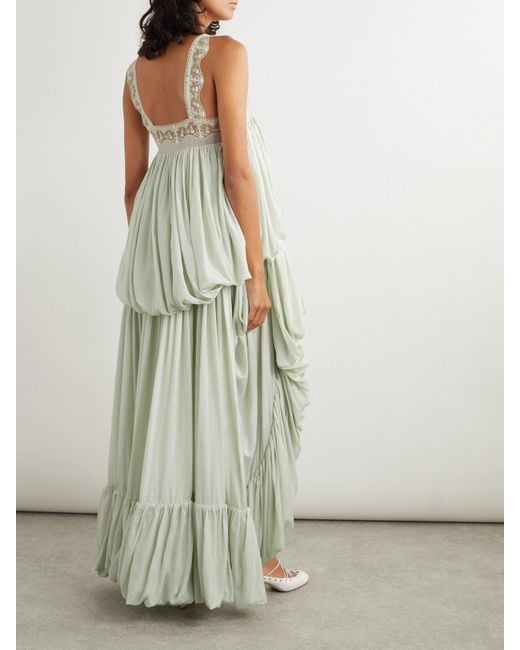 Chloé White Robe Aus Seidenchiffon Mit Raffungen Und Spitzenbesätzen