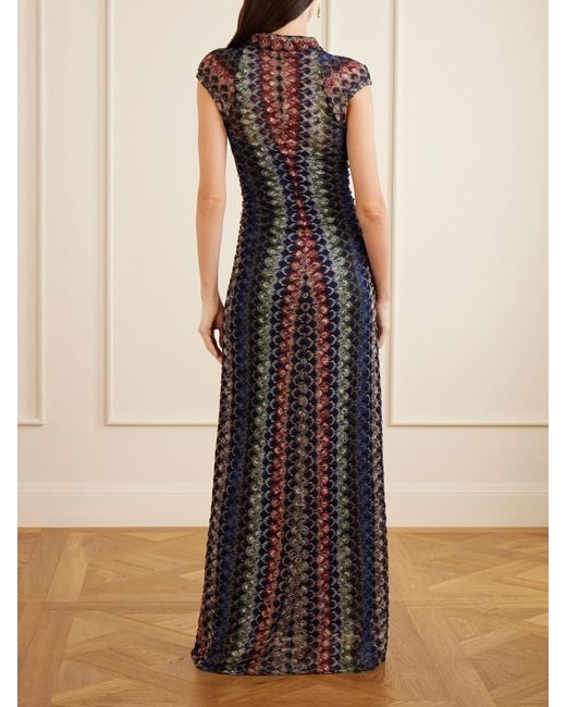 Missoni Blue Gathered Striped Crochet-Knit Maxi Dress