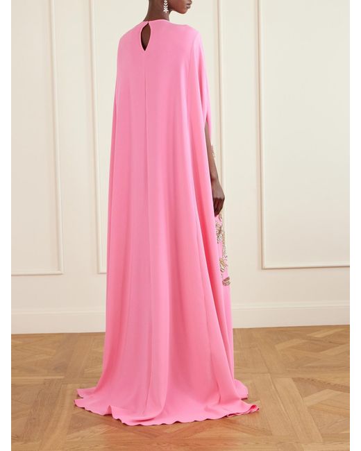 Oscar de la Renta Pink Cape-Effect Embellished Silk-Blend Gown