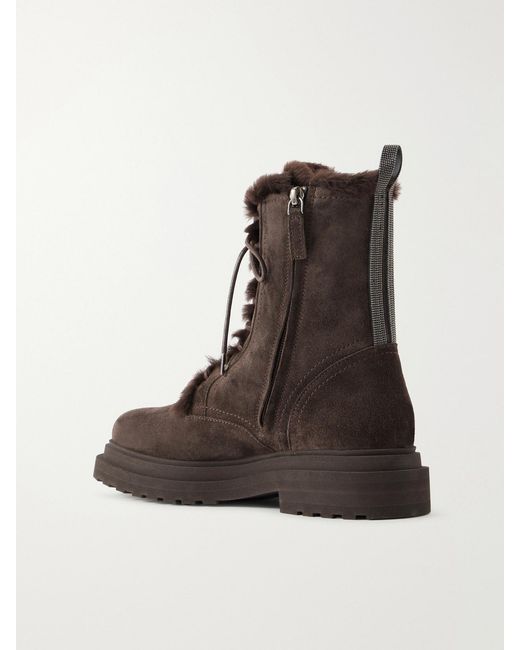 Brunello Cucinelli Black Bead-Embellished Shearling-Lined Suede Ankle Boots