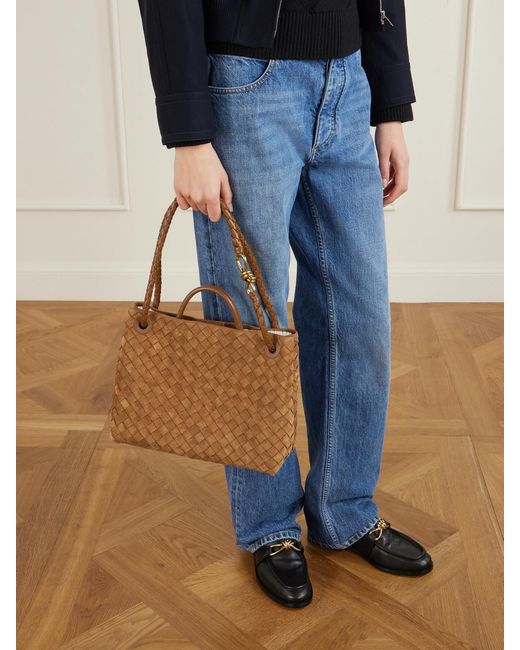 Bottega Veneta Brown Andiamo Medium Shearling-Lined Leather-Trimmed Intrecciato Suede Tote