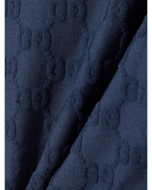 Gucci Blue Badeanzug Aus Frottee Mit Jacquard-Muster Und Paspeln