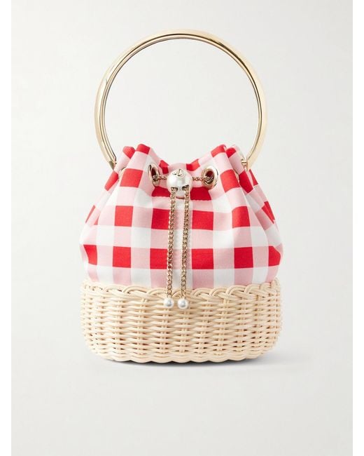 Jimmy Choo Red Bon Bon Embellished Woven Raffia Checked Woven Bucket Bag