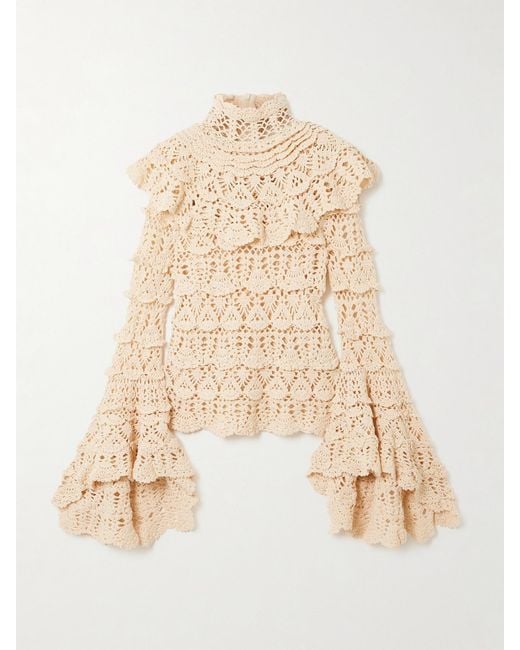 Zimmermann Natural Hypnotic Tiered Crocheted Cotton Turtleneck Top