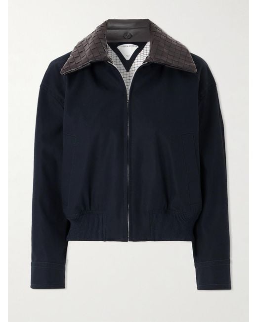 Bottega Veneta Blue Intrecciato Leather-Trimmed Cotton-Twill Jacket