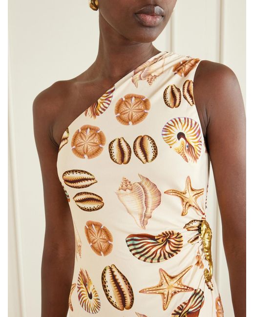 Farm Rio Metallic Embellished Gathered One-Shoulder Printed Woven Midi Dress