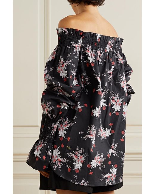 Adam Lippes Black Off-The-Shoulder Shirred Floral-Print Stretch-Cotton Poplin Top