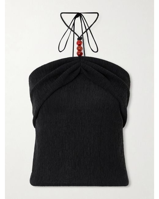 Magda Butrym Black Embellished Textured Lyocell-Blend Halterneck Top