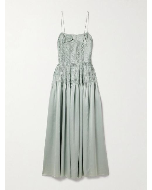 Doen White Ambrosia Bow-detailed Shirred Silk-satin Midi Dress