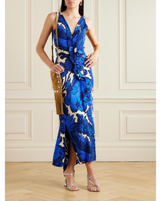 Etro Blue Asymmetric Ruffled Printed Jersey Maxi Dress