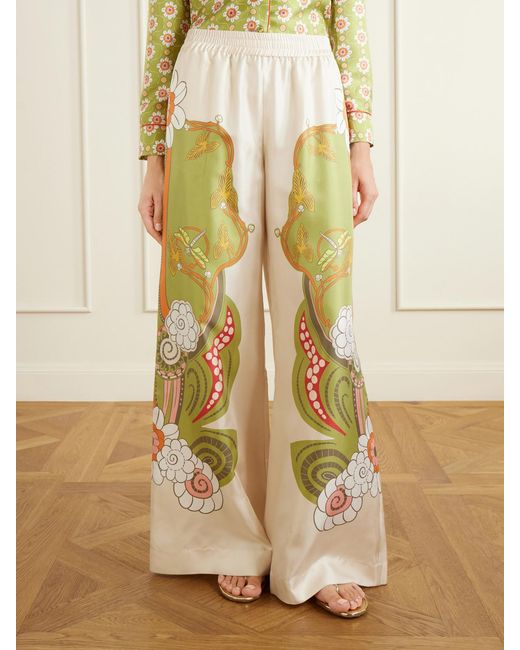 LaDoubleJ White Palazzo Floral-Print Silk-Twill Wide-Leg Pants