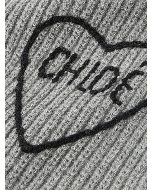 Chloé Gray Embroidered Ribbed Wool And Cashmere-Blend Scarf