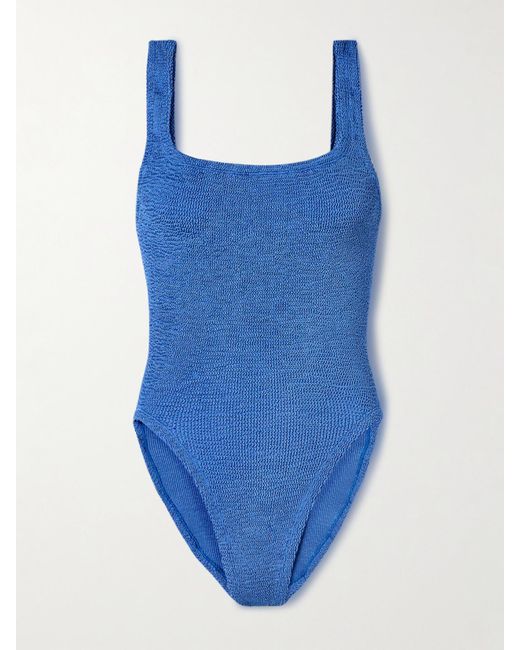 Hunza G Blue Square Neck Badeanzug Aus Gestreiftem Seersucker