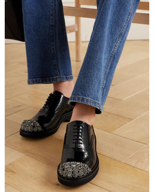 Roger Vivier Black Viv Rangers Flower Crystal-Embellished Patent-Leather Loafers