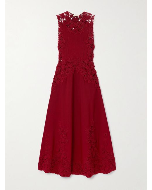 Ulla Johnson Red Genoveva Crocheted Lace-Trimmed Cotton-Blend Midi Dress