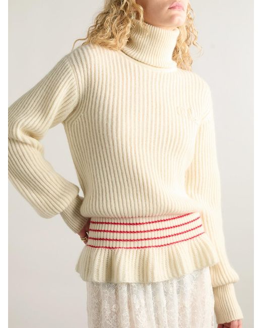 Chloé Natural Turtleneck Striped Ribbed Wool And Mohair-Blend Peplum Sweater