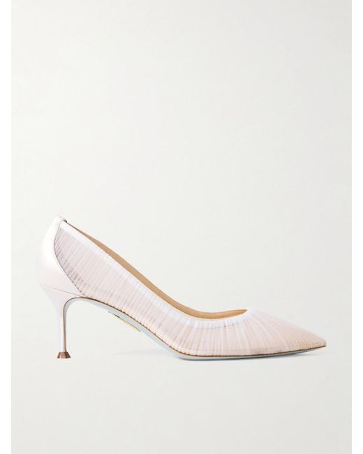 Aquazzura Natural 65 Satin-Trimmed Ruched Tulle Point-Toe Pumps