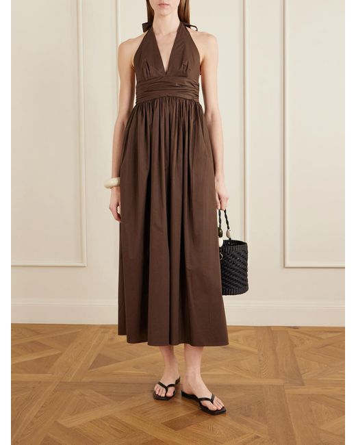 Matteau Brown Gathered Organic Cotton-Poplin Halterneck Maxi Dress