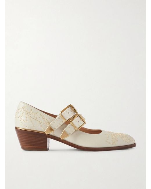 Chloé Natural Susan Studded Textured-Leather Mary Jane Pumps