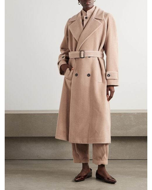 Loro Piana Natural Double-Breasted Belted Cashmere-Corduroy Coat