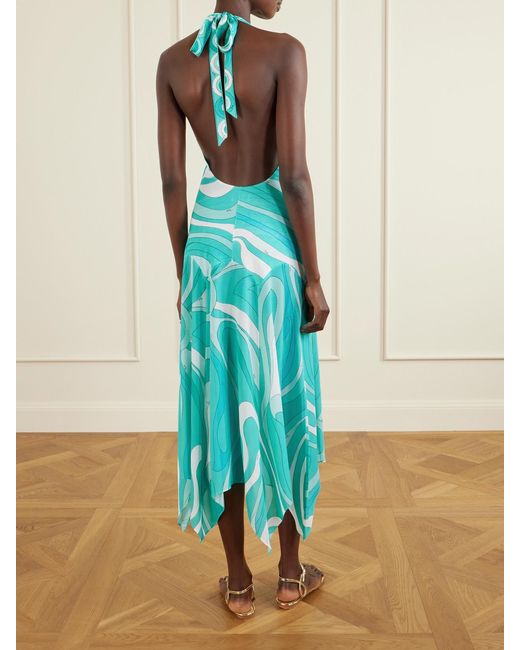 Emilio Pucci Blue Printed Silk Twill-Trimmed Crepe-Jersey Halterneck Midi Dress