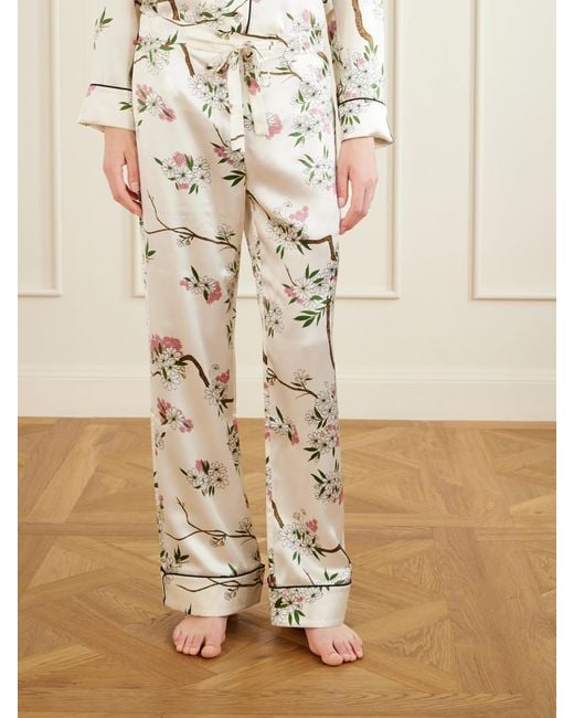 Olivia Von Halle White Lila Floral-Print Silk-Satin Pajama Set