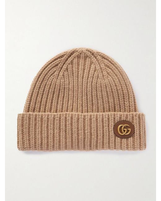 Gucci Natural Victor Appliquéd Ribbed Wool And Cashmere-Blend Beanie