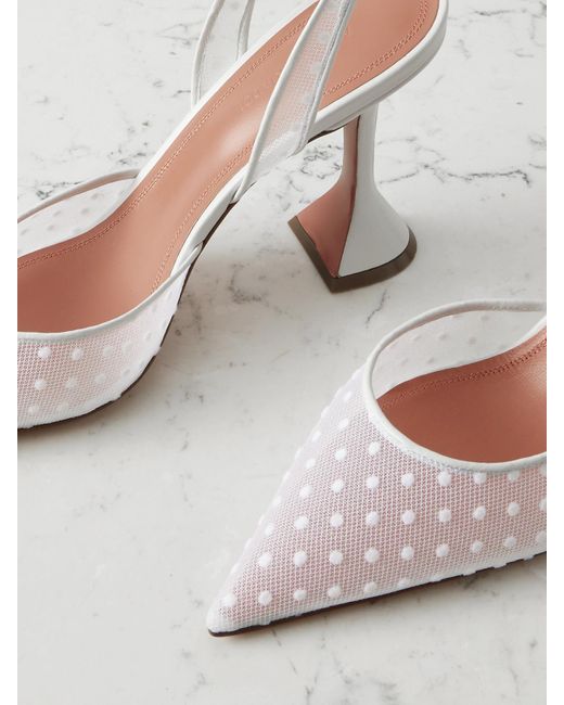 AMINA MUADDI White Holli Leather-Trimmed Flocked Polka-Dot Mesh Slingback Pumps