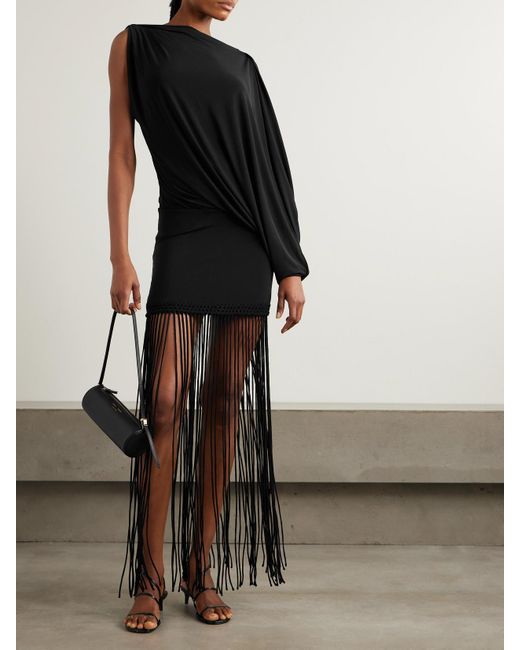 Faithfull The Brand Black Colmar Asymmetrisches Kleid Aus Stretch-Jersey Mit Raffungen Und Fransen