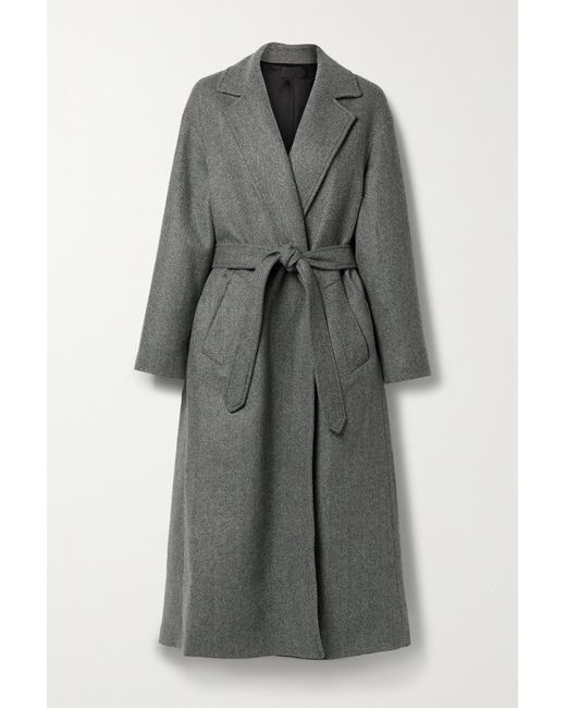 Nili Lotan Clemence Belted Herringbone Wool Coat in Gray | Lyst