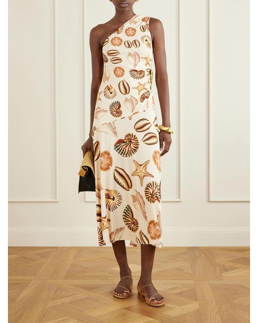 Farm Rio Metallic Embellished Gathered One-Shoulder Printed Woven Midi Dress