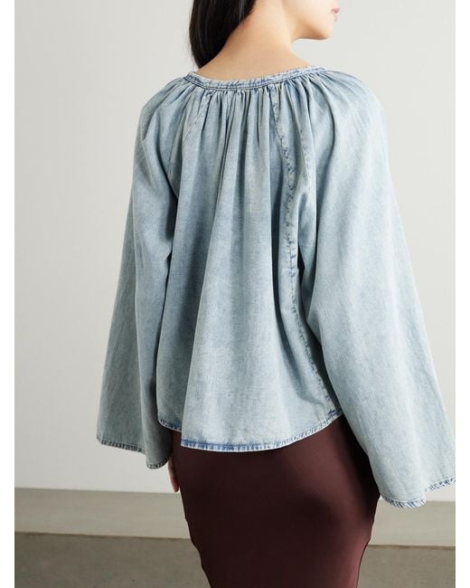 FRAME Blue Gathered Cotton And Linen-Blend Chambray Blouse