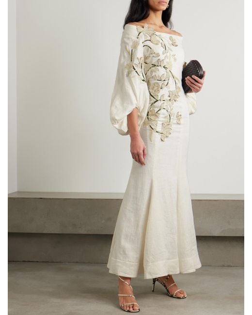 Agua Bendita White Peccana Off-The-Shoulder Appliquéd Linen Maxi Dress