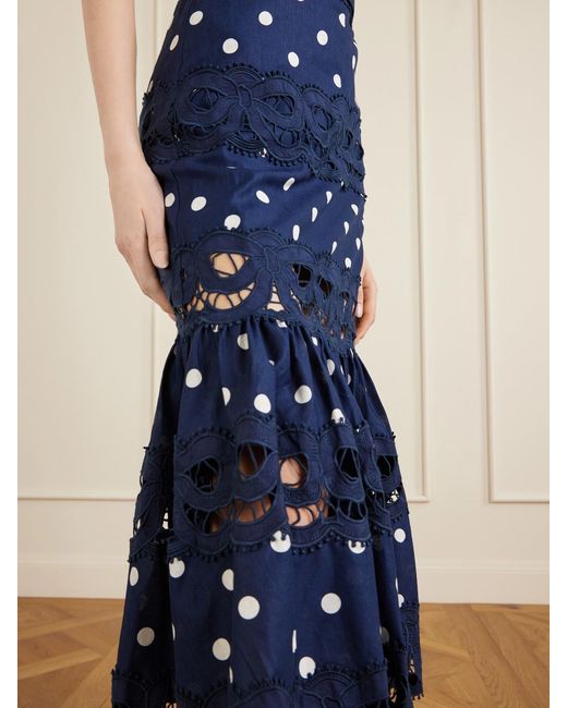 Self-Portrait Blue Belted Polka-Dot Linen And Cotton-Blend Midi Dress