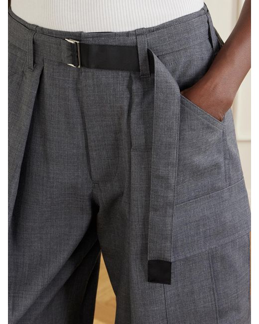 Sacai Gray Pleated Belted Twill Wide-Leg Pants