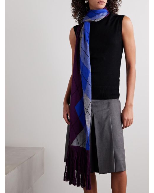 Burberry Blue Pullunder Aus Wolle Mit Schal Mit Argyle-Muster Und Fransen